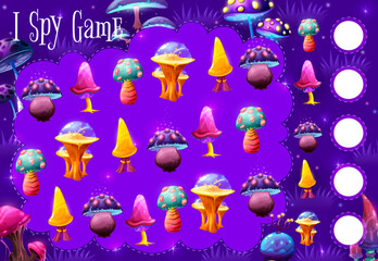 Poster - I spy game, magic luminous mushrooms. Kids game vector worksheet, maths puzzle, education riddle with cartoon mushrooms and fungus plants on background of glowing meadow of fairy forest or garden