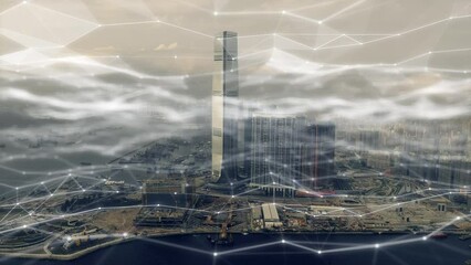 Poster - City, digital marketing and futuristic data in the sky for cloud computing, ecommerce and blockchain software. Future, building and innovation with holographic information technology and overlay