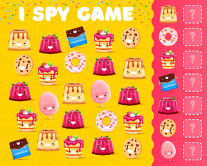 Poster - I spy game. Cartoon sweets and dessert characters. Kids object finding puzzle, child calculation quiz vector worksheet with cheerful cake, jelly pudding, cookie and donut, chocolate bar, cotton candy