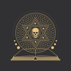 Poster - Occult pentagram, skull in hexagram and black magic book, esoteric and tarot vector symbol. Occultism, magic alchemy and witchcraft cult sign of skull and hexagram star with sun and moon circle