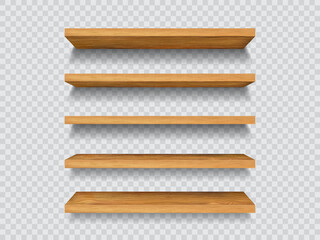 Wooden shelf, wood shelves or bar stands and supermarket displays, realistic 3D vector. Bookshelf mockup on transparent wall, table or cabinet racks, exhibition stand or library desk shelves