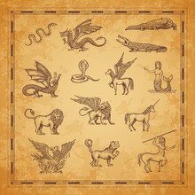 Vintage Map Characters Of Unicorn, Dragon And Pegasus, Minotaur, Lion, Mermaid And Crocodile, Snake, Griffin And Werewolf. Vector Sketches Of Mythology Animals And Monsters Of Ancient Treasure Map