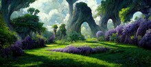 Hidden Secret Secluded Fairy Glade Surrounded By Ancient Oak Forests Thousands Of Years Old - Wisteria Purple Flowers And Lush Aventurine Green Grass And Moss. Magical Mystical Fantasy Setting.