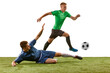© master1305 - Soccer football players tackling for the ball on grass flooring over white background. Concept of sport, action, competition, football match