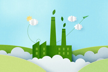 Sticker - Green industry and alternative renewable energy.Green eco friendly concept background.Paper art of ecology and environment concept.Vector illustration.