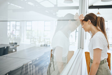 Wall Mural - Burnout, frustrated and sad student by classroom window for fail, mistake or bad time management with mental health problem. Depressed, tired and fatigue college woman with study headache university