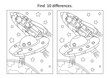 Space exploration themed find the ten differences picture puzzle and coloring page with UFO and spaceship near the Earth.
