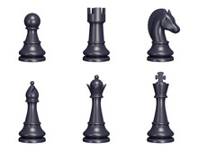 Chess Pieces 3d Set. Black Color. Pawn, King, Queen, Rook, Knight, Bishop. Isolated Icons, Objects On A Transparent Background
