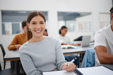 Aufkleber - Education, university student and girl writing in classroom, lecture notes or studying for paper test. Learning, college and happy female smile with notebook and pen, exam or essay assignment on desk
