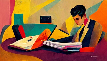 colorful illustration of a young man sitting in the armchair and reading a book