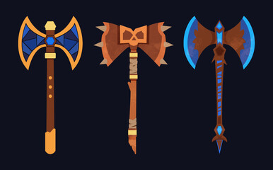 A set of casual axes. Cartoon game style. The basis for the prop, an icon, a set of fantasy items for the interface. Game weapons. Orcs, dwarves, elves. Axes concept art isolated on a dark background.