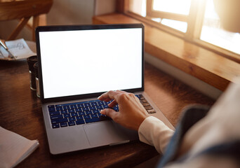 Mock up, laptop with hand of business woman working on digital, marketing or email in restaurant cafe. Planning, search and technology with girl typing for internet, network and web design on screen