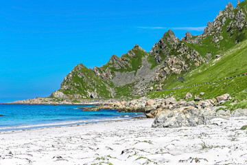 Canvas Print - White sand beach at Bleik. A fishing village in Andoy Municipality in Nordland county, Norway.