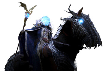 A magician in a blue robe with a dragon staff sits astride a mystical horse in heavy armor with icy glowing eyes, instead of a wizard's head, a glass sphere with mana. 3d rendering. isolated PNG art