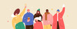 Cheerful people in winter clothes celebrating New Year and Christmas. Friends and colleagues spending the holiday together. Vector template postcard banner