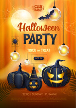 Halloween Holiday Disco Party Poster With Realistic 3D Halloween Pumpkins And Full Moon. Vector Illustration