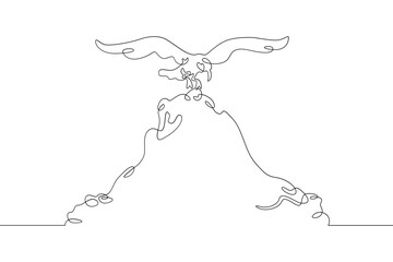 Wall Mural - One continuous line.The bird takes off from the cliff. The bird spreads its wings. Bird on top of the mountain. One continuous line is drawn on a white background.