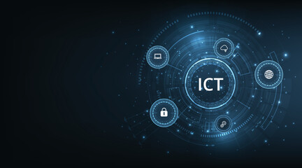 Leinwandbilder -  Information and communication technology (ICT)concept.Information and communication technology on dark blue background.Wireless communication network. Intelligent system automation. 