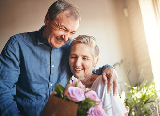 Poster - Couple, romance and flowers with a senior man and woman in celebration of valentines day or their anniversary. Retirement, love and affection with an elderly male and female pensioner in their home