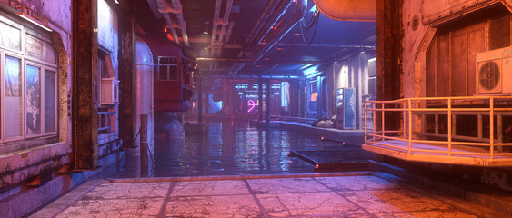 Wall Mural - Wide cinematic 3D rendering of cyberpunk city downtown urban scene around a canal at night.