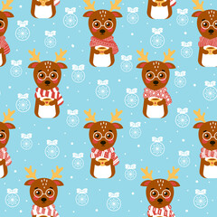 Wall Mural - Christmas seamless pattern with cute deer character and christmas balls on blue background for print or packaging design, for textile, wallpaper, web, fabric