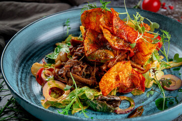 Canvas Print - Green salad with fried potato chips, tomatoes, mushrooms and beef with red onion rings and arugula