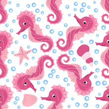 Seahorse And Starfish Seamless Pattern. Sea Life Summer Background. Cute Sea Life. Design For Fabric And Decor