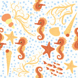 Fototapeta Dinusie - Seahorse and starfish seamless pattern. Sea life summer background. Cute sea life. Design for fabric and decor