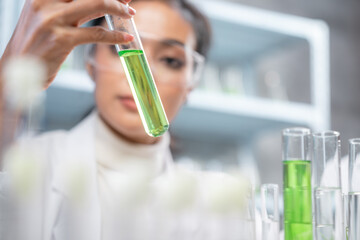 medicine biology laboratory of organic plant experiment test in glasses tube of cosmetic chemistry research medicals, chemical biotechnology science of nature leaf and green herbal oil technology