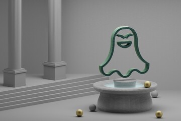 Poster - Beautiful abstract illustrations Green Halloween ghost symbol icon on a fountain and column background. 3d rendering illustration.Halloween day.