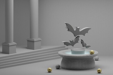 Poster - Beautiful abstract illustrations Halloween bats symbol icon on a fountain and column background. 3d rendering illustration.Halloween day.