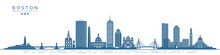 Landmarks Of Boston City Skyline, Modern And Historical Buildings Vector Illustration Isolated On White Background.