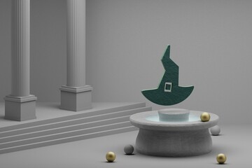 Poster - Beautiful abstract illustrations Green Halloween Which hat symbol icon on a fountain and column background. 3d rendering illustration.Halloween day.