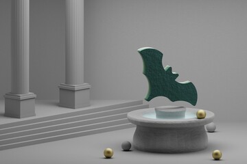 Poster - Beautiful abstract illustrations Green Halloween bats symbol icon on a fountain and column background. 3d rendering illustration.Halloween day.