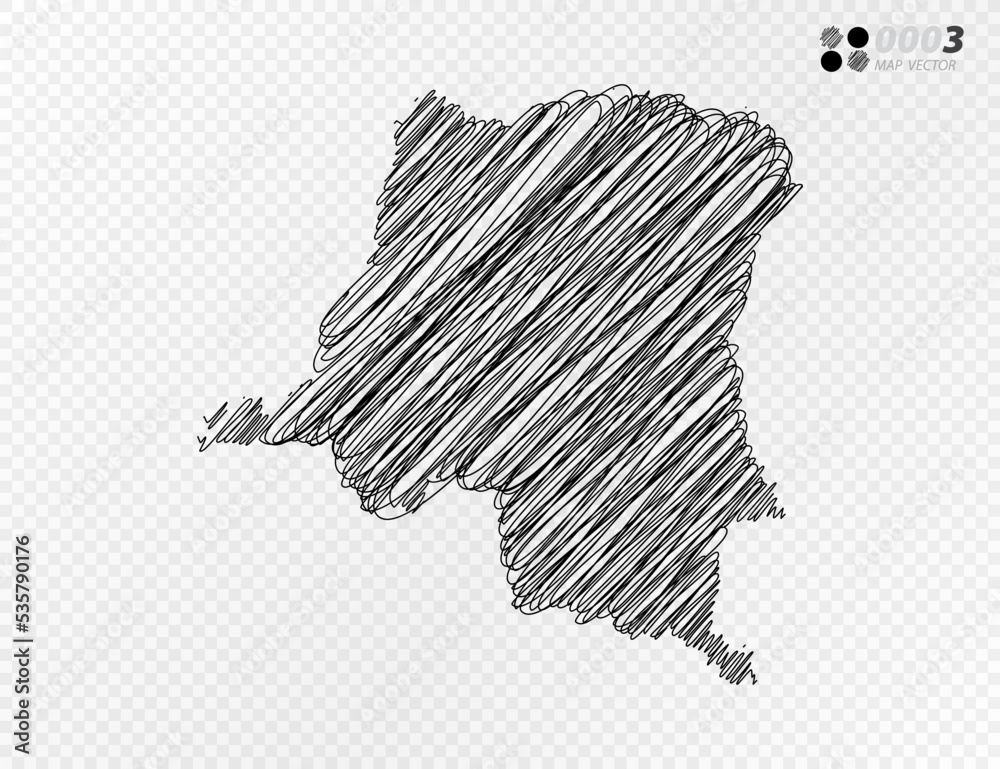 Vector black silhouette chaotic hand drawn scribble sketch of Congo map ...