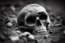Menschliche Totenkopf Schädel Auf Boden Oder Grund -  Thema Krieg Oder Tot