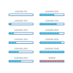 Poster - Loading bars elements set. Creative web design download timer or progress upload sign. Users completion indicator. Vector loading bar with steps 0, 10, 20, 30, 40, 50, 60, 70, 80, 90, 100 and error.