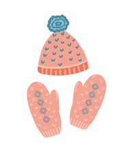Knitted Hat And Mittens. Pink Winter Hat Set With Mittens. Cute Hand Drawn Vector Illustration