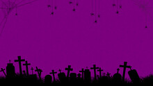 Halloween Concept Purple Background Design With Spooky Cemetary And Spider Webs. Purple Color Halloween Wallpaper Illustration With Copy Space.