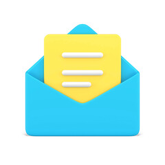 Poster - Document in blue 3d envelope. Yellow volumetric sheet of paper with white text