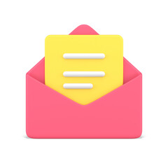 Poster - Document in pink 3d envelope. Yellow volumetric sheet of paper with white text
