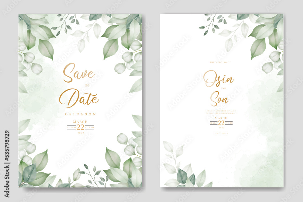 Watercolor wedding invitation card in green leaves Stock Vector | Adobe ...