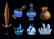 A Set Of Fantasy Props. A Bag Of Gold Coins. A Golden Sword With A Stone, A Bottle In A Tilt, A Bottle With A Potion, Crystals. Isolated Interface Elements, Icons, Magic Ritual Items.
