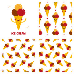 Wall Mural - Cute cartoon style ice cream cone characters and set, collection of three ice cream vector seamless pattern backgrounds. 