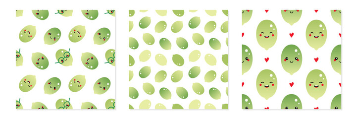 Wall Mural - Set, collection of three vector seamless pattern backgrounds with cute cartoon style pumpkin seed characters.

