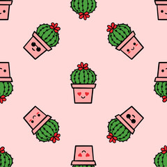 Wall Mural - Cute doodle style cactus, succulents in pot characters vector seamless pattern background.
