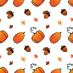 Wall Mural - Vector seamless pattern background with doodle style pumpkins, acorns, maple leaves for autumn, fall, thanksgiving design.
