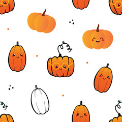 Wall Mural - Cute doodle style pumpkin characters and pumpkin vegetables vector seamless pattern background for autumn, harvest, thanksgiving design.
