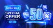Mega sale special offer, Neon 50 off sale banner. Sign board promotion. Vector