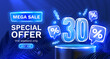 © hobbitfoot - Mega sale special offer, Neon 30 off sale banner. Sign board promotion. Vector